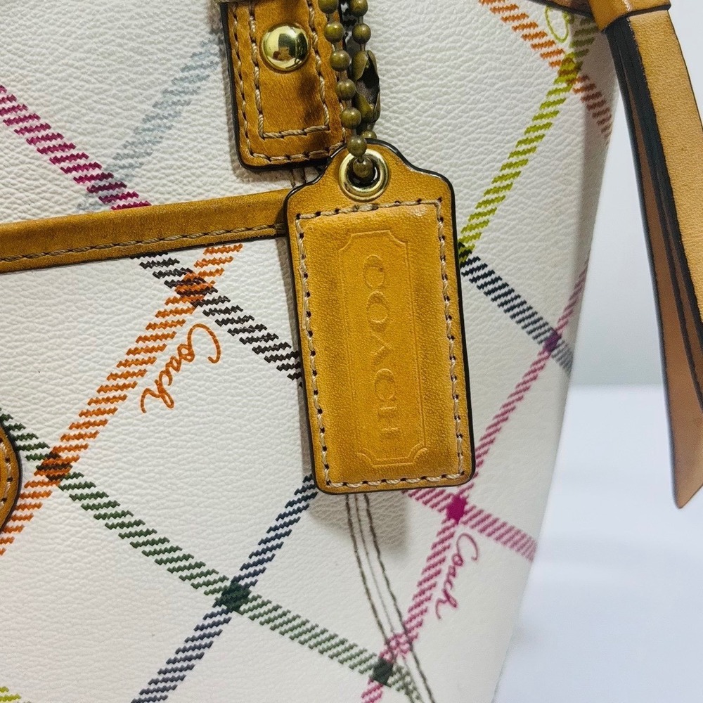 Coach Peyton Tattersall Tote Purse Handbag Ivory Plaid Multicolor - Picture 9 of 9